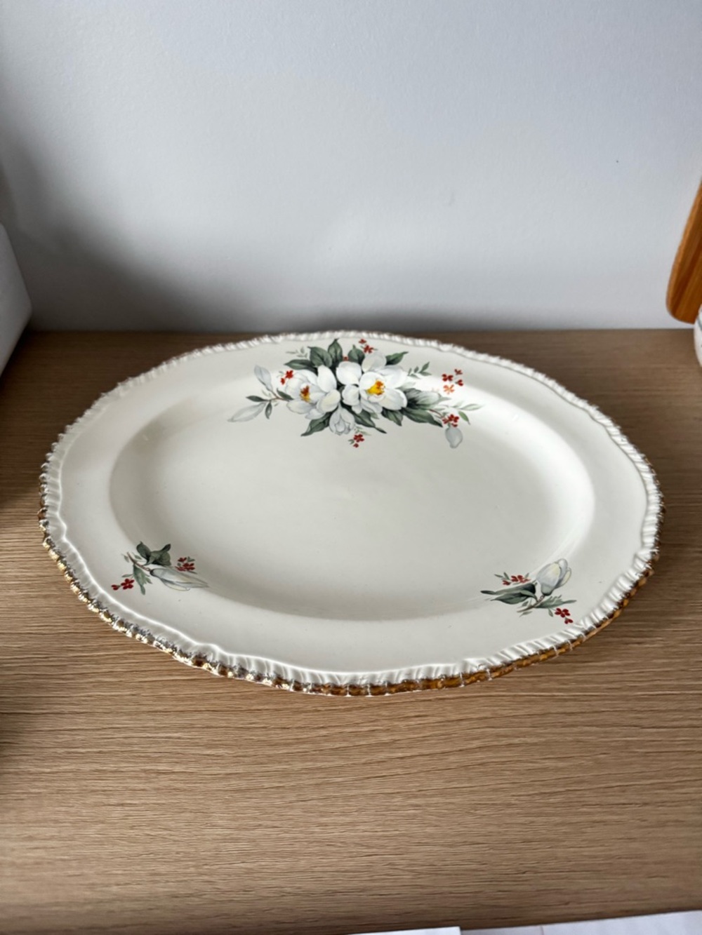 White Floral Ceramic Serving Platter with Gold Rim